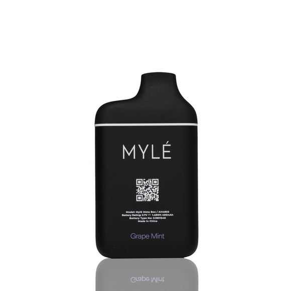A black MYLÉ Grape Mint disposable vape device with white text and a thin white horizontal line, shown on a clean white background with a subtle reflection below.
