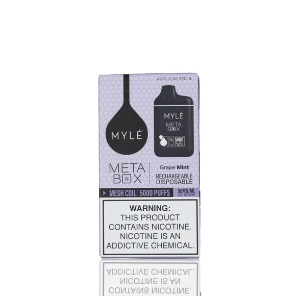 Mylé Meta Box Grape Mint disposable vape packaging box, featuring a black vape device graphic, grape mint flavor text, and a prominent nicotine warning label on a white background.