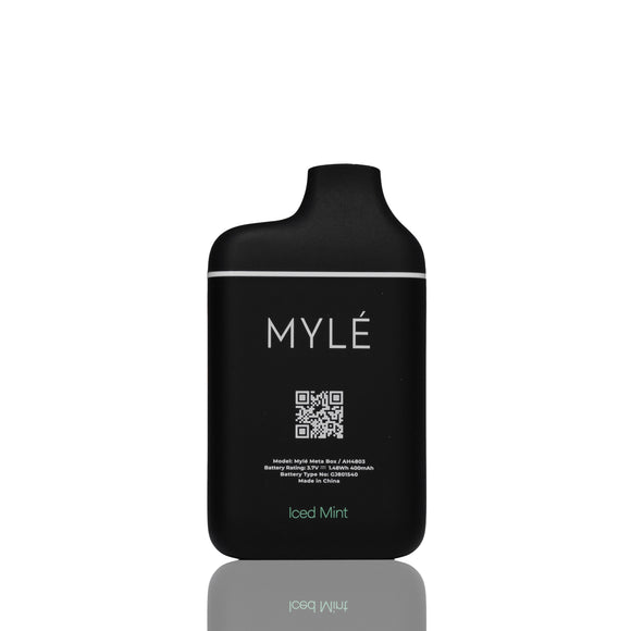 A black MYLÉ vape device in the Iced Mint flavor, shown against a plain white background with a subtle reflection below.