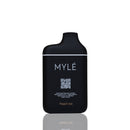 A matte black vape device with a matching black mouthpiece, featuring the brand name 'MYLÉ' in white and 'Peach Ice' in gold near the bottom, set against a plain white background with a soft reflection below.