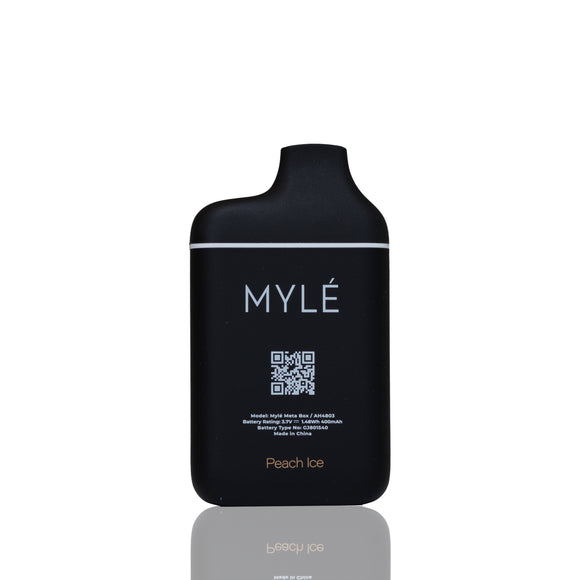 A matte black vape device with a matching black mouthpiece, featuring the brand name 'MYLÉ' in white and 'Peach Ice' in gold near the bottom, set against a plain white background with a soft reflection below.