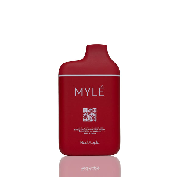 A red MYLÉ disposable vape device with 'Red Apple' flavor text, shown on a clean white background with a soft reflection below.