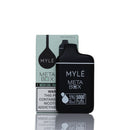 Mylé Meta Box disposable vape device in matte black standing in front of its light green and white packaging box on a reflective white surface.