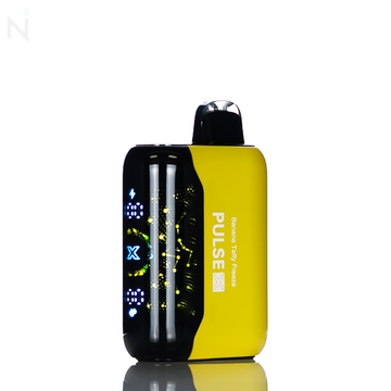 A yellow nevux pulse x disposable vape is placed on a reflective surface, against a white background. The banana taffy freeze flavor is written down the side.