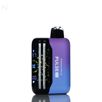 A gradient nevux pulse x disposable vape screen is illuminated against a white background, the vape flavor 'strawberry kiwi ice' is written on the side.