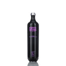Black water bottle with purple text on a white background