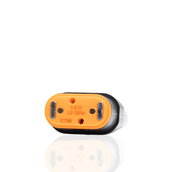 An orange and black electrical outlet adapter or plug component with printed specifications '0.8A 12-16W 07CBB' on a clean white background with a soft reflection below.