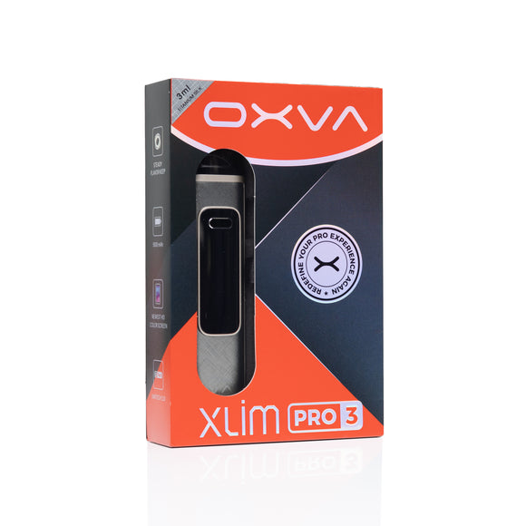 OXVA Xlim Pro 3 vape pen packaging box, featuring a silver and black vape pen visible through a clear window, with orange and dark gray design elements.