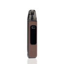 A slim rectangular vape device with a brown textured body, a black central display window, and a dark translucent mouthpiece, shown upright on a white background.