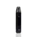 A black vape device with a carbon fiber pattern body, a clear mouthpiece, and a digital display screen, shown vertically on a white background with a faint reflection below.