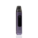 A purple vape device with a textured metallic finish, a black display window, and a clear mouthpiece, standing vertically on a white reflective surface.