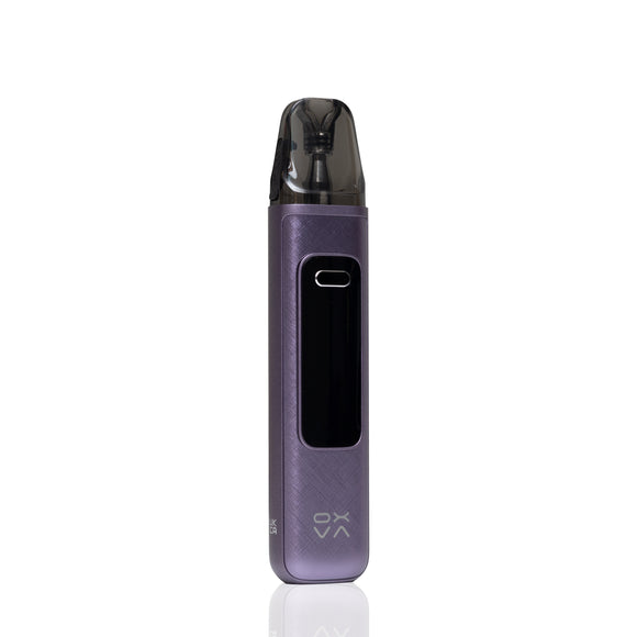 A purple vape device with a textured metallic finish, a black display window, and a clear mouthpiece, standing vertically on a white reflective surface.