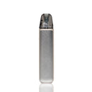 A slim, rectangular metallic silver vape device with a textured grip and a clear mouthpiece, shown vertically on a white background with a subtle reflection.