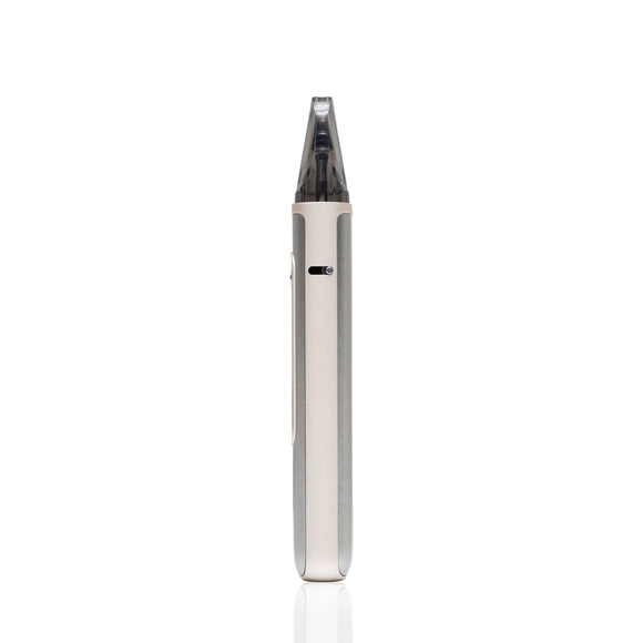 A slim, metallic silver vape device shown from the side against a plain white background.