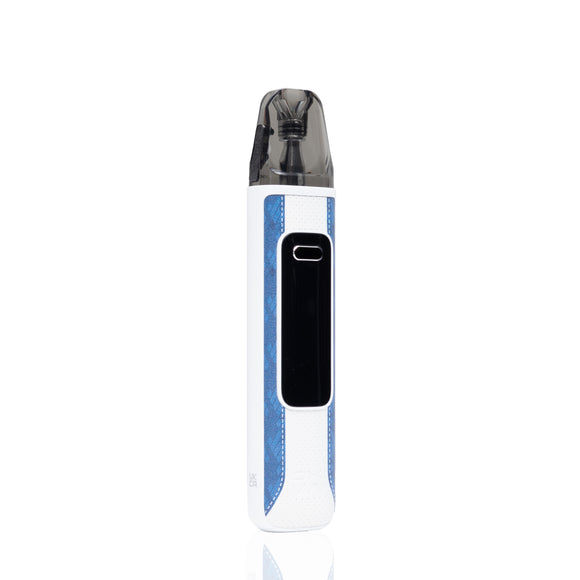 A slim, rectangular vape device with a white textured body, a vertical blue accent stripe, and a black central display panel, topped with a dark gray mouthpiece, shown on a clean white background.