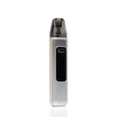 A slim, rectangular vape device with a brushed silver metal body, a black front display window, and a dark translucent mouthpiece, shown against a plain white background.
