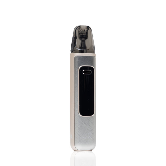 A slim, rectangular vape device with a brushed silver metal body, a black front display window, and a dark translucent mouthpiece, shown against a plain white background.