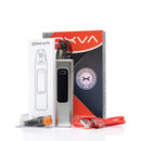 OXVA vape device kit with a silver and black vape pen, a white accessory box, a red and black retail box, a red USB charging cable, and a small orange/black mouthpiece in a clear case, arranged on a white background.