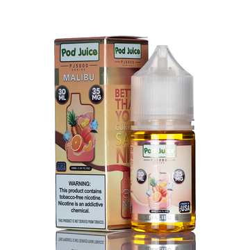 Pod Juice's PJ5000 - Malibu is a salt nic e-liquid, featuring a blend of peach, pineapple, orange, and menthol.