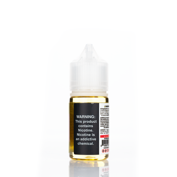 A 30mL bottle of of Pod Juice by RAZ salt nicotine e-liquid featuring a white and black bottle with a white plastic cap in the blue raz batch flavor