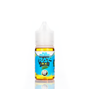 A 30mL bottle of of Pod Juice by RAZ salt nicotine e-liquid featuring a blue and green bottle with a white plastic cap in the blue raz batch flavor