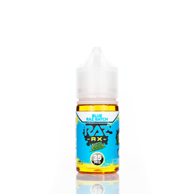 A 30mL bottle of of Pod Juice by RAZ salt nicotine e-liquid featuring a blue and green bottle with a white plastic cap in the blue raz batch flavor