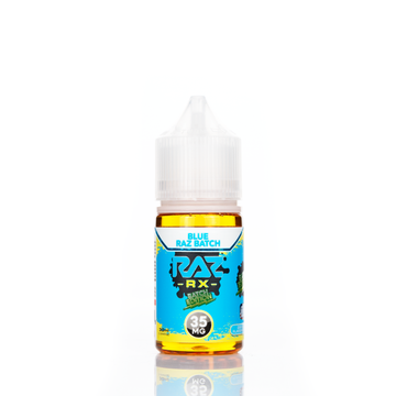 A 30mL bottle of of Pod Juice by RAZ salt nicotine e-liquid featuring a blue and green bottle with a white plastic cap in the blue raz batch flavor