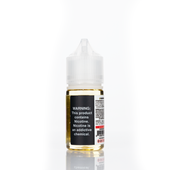 A 30mL bottle of of Pod Juice by RAZ salt nicotine e-liquid featuring a black and white bottle with a white plastic cap in the lemon batch flavor