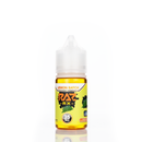 A 30mL bottle of of Pod Juice vape juice by RAZ salt nicotine featuring a white and yellow bottle of lemon flavored e-liquid is placed on a reflective surface.
