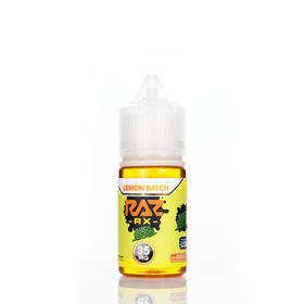 A 30mL bottle of of Pod Juice vape juice by RAZ salt nicotine featuring a white and yellow bottle of lemon flavored e-liquid is placed on a reflective surface.