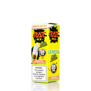 A white and yellow box of 30mL of vape juice is placed on a reflective surface depicting a disposable flavored e-liquid with the flavor lemon in green