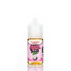 A 30mL bottle of of Pod Juice by RAZ salt nicotine e-liquid featuring a pink, red, and green bottle with a white plastic cap in the strawberry batch flavor