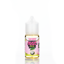 A 30mL bottle of of Pod Juice by RAZ salt nicotine e-liquid featuring a pink, red, and green bottle with a white plastic cap in the strawberry kiwi flavor