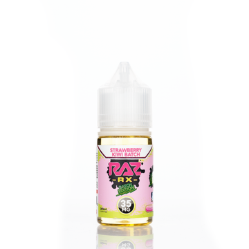 A 30mL bottle of of Pod Juice by RAZ salt nicotine e-liquid featuring a pink, red, and green bottle with a white plastic cap in the strawberry kiwi flavor
