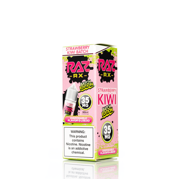 A pink and white box featuring batch edition disposable flavored e-liquid advertising 35mg of product on a white backdrop 