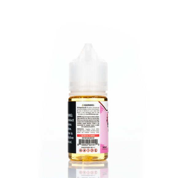 A 30mL bottle of of Pod Juice by RAZ salt nicotine e-liquid featuring a black and white bottle with a white plastic cap in the strawberry kiwi flavor