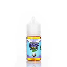 A 30mL bottle of of Pod Juice by RAZ salt nicotine e-liquid featuring a blue, green, and yellow bottle with a white plastic cap in the triple berry batch flavor.