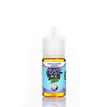A 30mL bottle of of Pod Juice by RAZ salt nicotine e-liquid featuring a blue, green, and yellow bottle with a white plastic cap in the triple berry batch flavor.