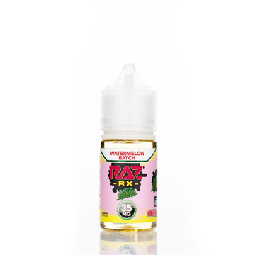 A 30mL bottle of of Pod Juice by RAZ salt nicotine e-liquid featuring a pink, red, and green bottle with a white plastic cap in the watermelon batch flavor