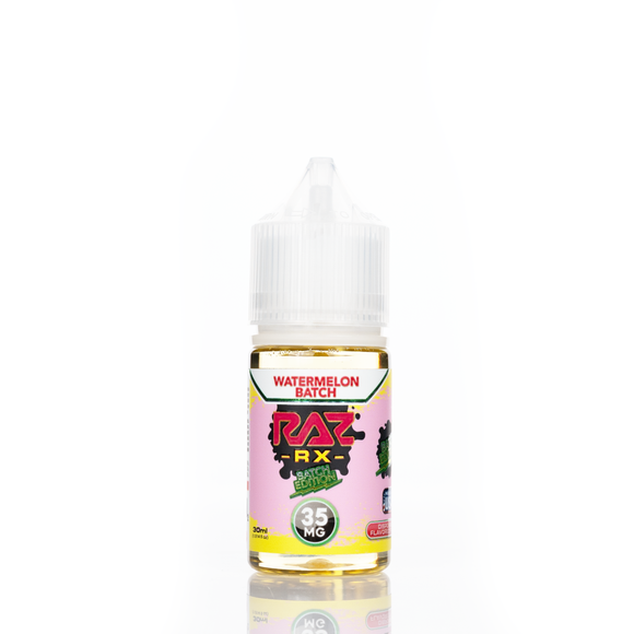 A 30mL bottle of of Pod Juice by RAZ salt nicotine e-liquid featuring a pink, red, and green bottle with a white plastic cap in the watermelon batch flavor