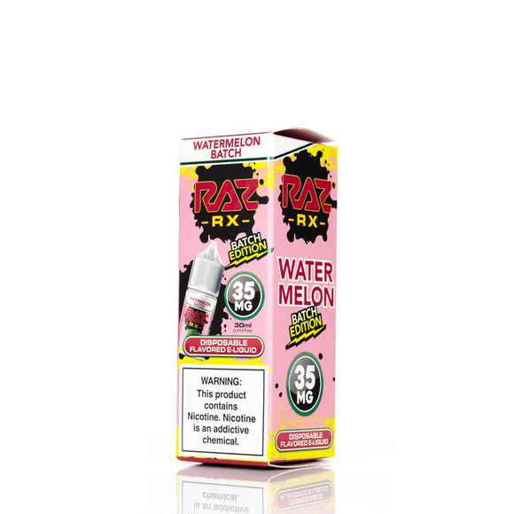 A pink and white box featuring batch edition disposable flavored e-liquid advertising 35mg of product on a white backdrop 