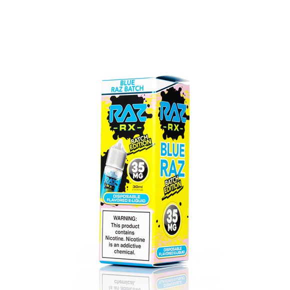 A blue,white, and yellow box featuring batch edition disposable flavored e-liquid advertising 35mg of product on a white backdrop 