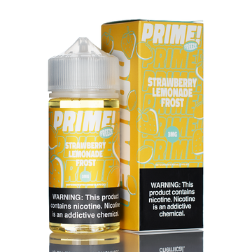 Strawberry Lemon Frost by Prime E-Liquids, a fruity ice vape juice that combines sweet strawberries and fresh lemons, with cool menthol.