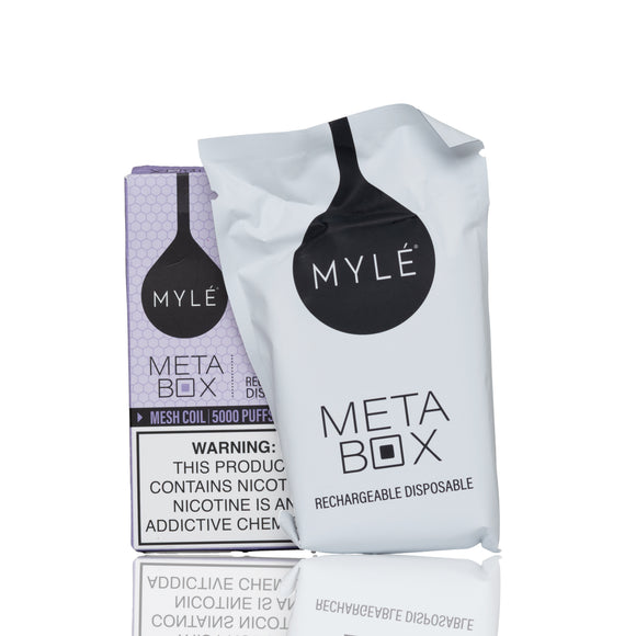 Mylé Meta Box disposable vape packaging, showing a white pouch in front of a purple box on a white background with a reflection.