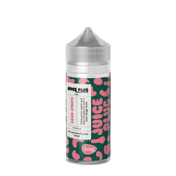 A 3mg bottle of Juice Plus e-liquid in the sour strips flavor featuring a green label with pink leopard spots and pink lettering with a clear plastic top