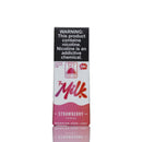 A 30mL vape salt box by Monster Vape Labs, featuring a white and pink design with a prominent black warning label at the top. The flavor is Strawberry, with 'The Milk' written in red script.