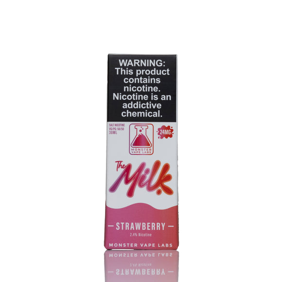 A 30mL vape salt box by Monster Vape Labs, featuring a white and pink design with a prominent black warning label at the top. The flavor is Strawberry, with 'The Milk' written in red script.