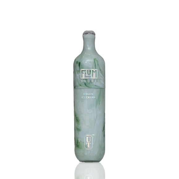 A single vape of Flum UT Melon Ice Cream against a plain white background with a subtle reflection below. The bottle is a tall, slender glass container with a rounded neck and base, featuring a light green and white marbled pattern with silver metallic lettering.